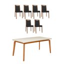 Ver imagem 1 de Mesa Jantar Luxo Jade 160x90cm Off White com 6 Cadeiras Estofadas Couro Pu Preta Base Madeira Maciça