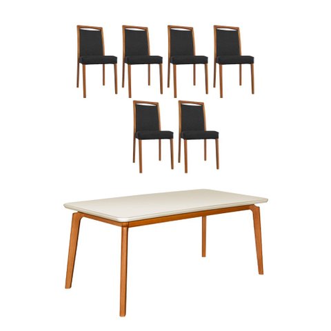 Mesa Jantar Luxo Jade 160x90cm Off White com 6 Cadeiras Estofadas Couro Pu Preta Base Madeira Maciça