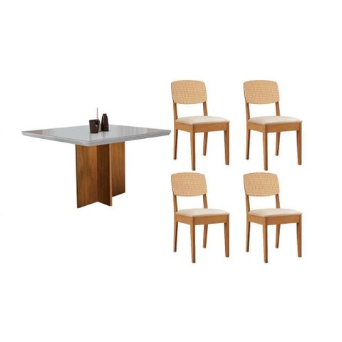 Sala de Jantar Completa Berlim C/ Tampo Madeirado C/ Vidro Canto Curvo 90x90cm e 4 Cadeiras Havana