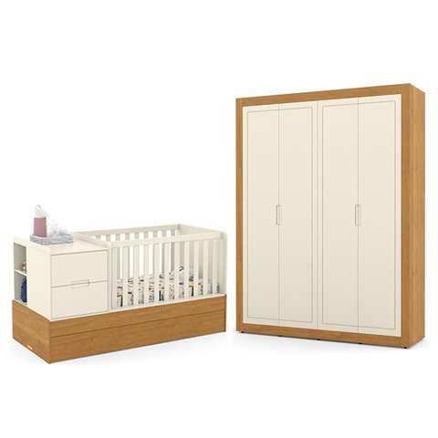 Jogo de Quarto Infantil Tutto New com Guarda Roupa 4 Portas e Berço Multifuncional Formare Off White