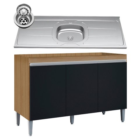 Balcão de Cozinha com Pia Inox 120cm Manu Preto/amêndoa - Ajl Móveis