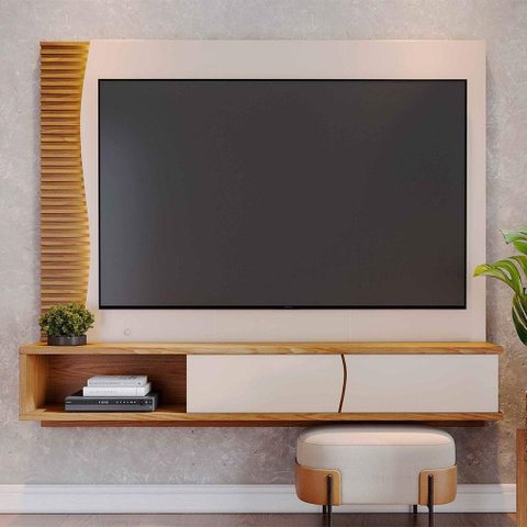 Painel TV 65 pol 180cm Bancada Suspensa Ripado Manacá Off White Matte-Freijó C04 - D'Rossi