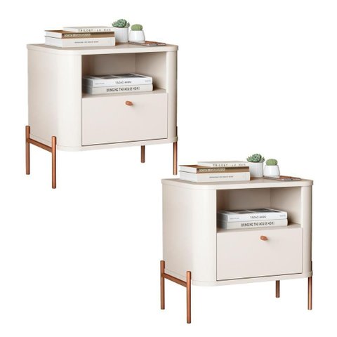 Kit 2 Mesas Cabeceira Quarto Tucupí Slim 1 Gaveta Pés Metal Off White-bronze