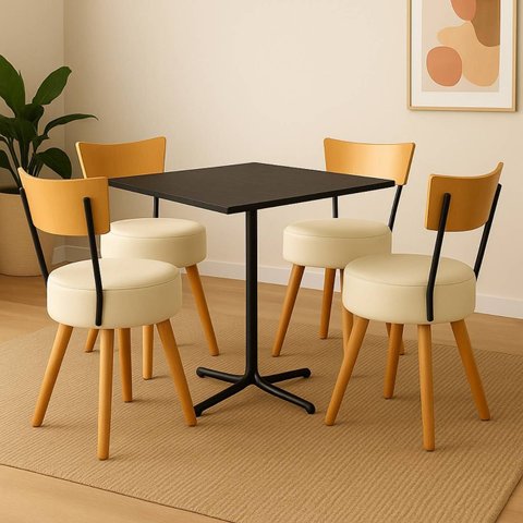 Conjunto Mesa de Jantar Quadrada Preta com 4 Cadeiras Estofada Off-white Encosto Madeira Urban
