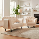 Ver imagem 2 de Kit Namoradeira + 1 Poltrona Decorativa Dália Couro Bege Pés Madeira Mz Decor