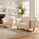 Ver imagem 1 de Kit Namoradeira + 1 Poltrona Decorativa Dália Couro Bege Pés Madeira Mz Decor