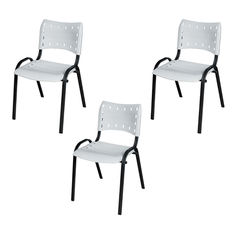 Kit 3 Cadeira Iso Tubo Oblongo Aço Industrial Empilhavel - Branco