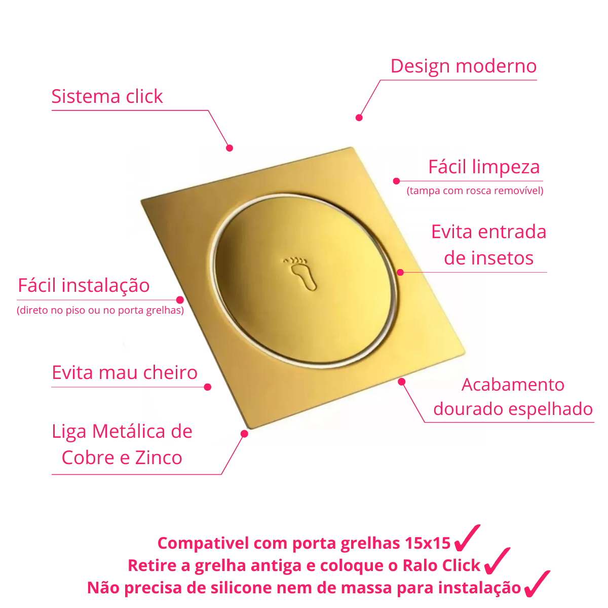 Ralo Click Mágico Inteligente Quadrado 15x15 Dourado Gold Banheiro Lavabo Irc02 - 3