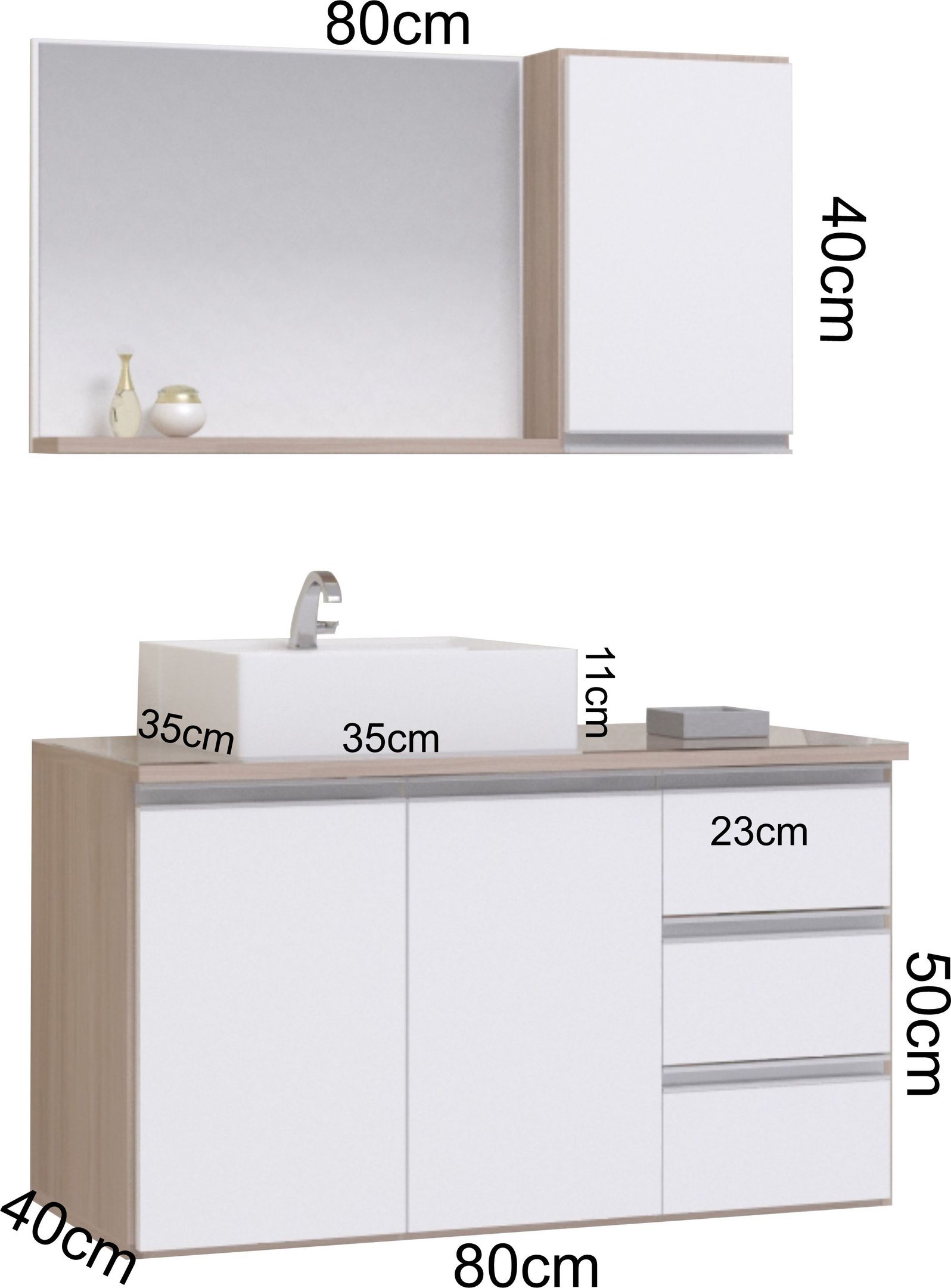 Conjunto Gabinete Banheiro Completo Prisma 80cm Madeirado/Branco COM TAMPO DE VIDRO - 3