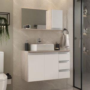 Conjunto Gabinete Banheiro Completo Prisma 80cm Madeirado/branco com Tampo de Vidro