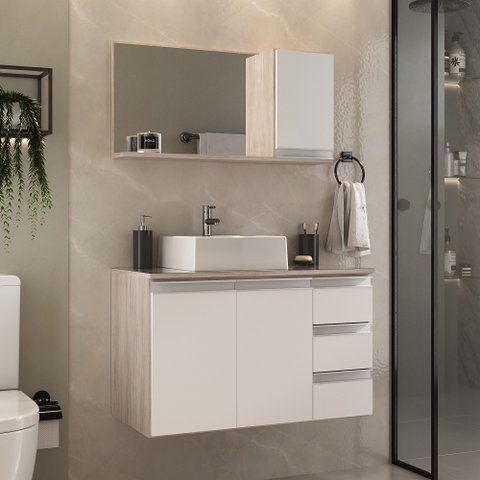 Conjunto Gabinete Banheiro Completo Prisma 80cm Madeirado/branco com Tampo de Vidro