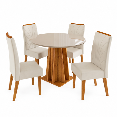 Conjunto Sala de Jantar 4 Lugares Redondo Tampo de Vidro/MDF Bristol Cobre/Off White/Bege - Casa Giu