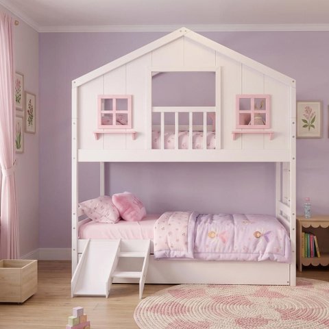 Treliche Casinha Dos Sonhos com Varanda e Kit Escorregador Madeira Maciça Branco/ Rosa Housin