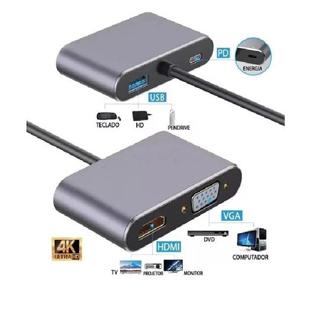 Adaptador Tipo C 4x1 Usb C/ Usb C (pd)/hdmi 4k/ Usb 3.0/ Vga