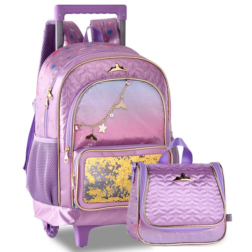 Kit Escolar Infantil Para Meninas Com Mochila De Rodinhas Com Al As De Costas E Lancheira