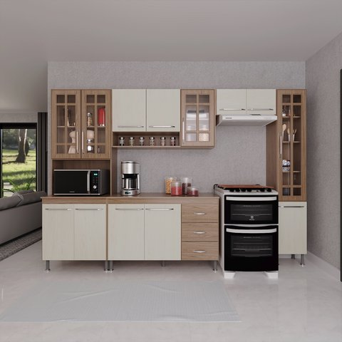 Cozinha Modulada Completa Fidelitá Paris 5 Peças 295cm 12 Portas 3 Gavetas com Tampo