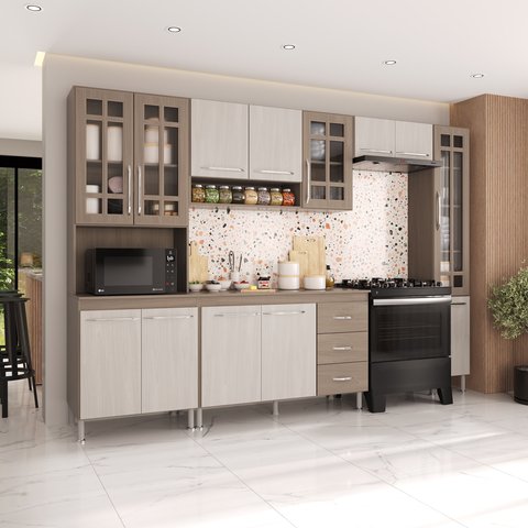 Armário de Cozinha Modulada Completa Fidelitá Paris 5 Peças 295cm 13 Portas 3 Gavetas com Tampo