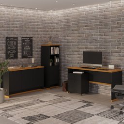 Conjunto Escritório Office 4 Peças Mesa Gaveteiro Armário Buffet Berlin - Vianossa - Preto e - 2