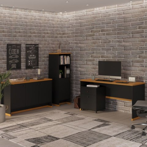 Conjunto Escritório Office 4 Peças Mesa Gaveteiro Armário Buffet Berlin - Vianossa - Preto e