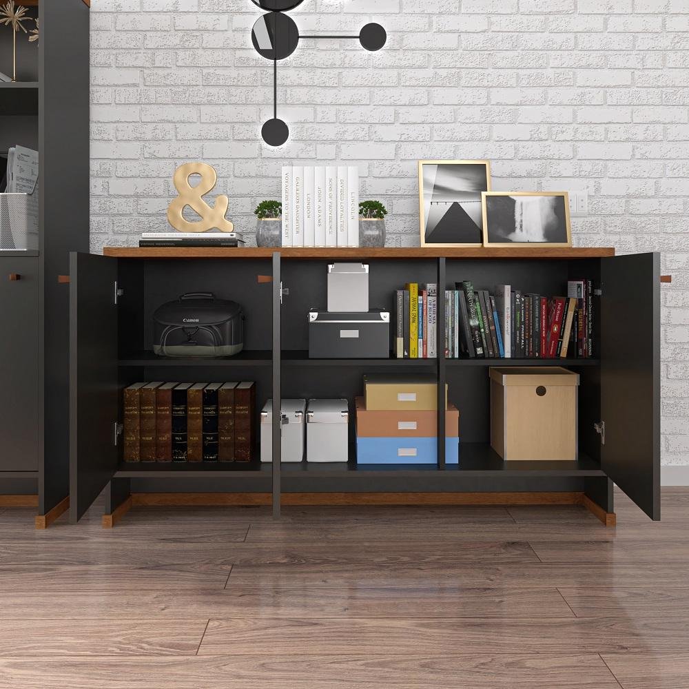 Conjunto Escritório Office 4 Peças Mesa Gaveteiro Armário Buffet Berlin - Vianossa - Preto e - 9