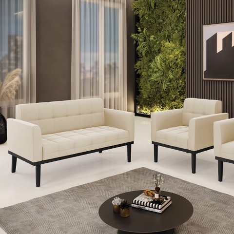 Conjunto Poltrona e Namoradeira Decorativa Karen Pés Fixo em Madeira Preto Suede Bege G19 - Gran Bel