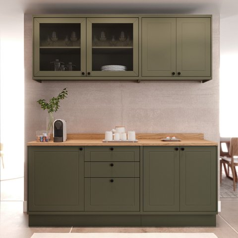 Cozinha Compacta Modulada 7 Portas 3 Gavetas 100% MDF 2 Tampos Sevilha Verde/Hill