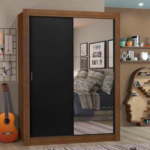 Guarda-Roupa Solteiro Madesa Denver 2 Portas de Correr com Espelho Rustic/Preto Cor:Rustic/Preto