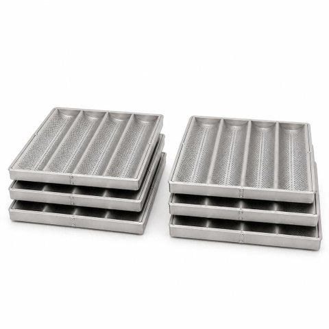 Conjunto 6 Esteiras Assadeira Canaleta Perfurada 4 Ondas Pão Francês Alumínio 35x35 - Imeca 7557