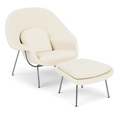 Poltrona Womb Chair com Puff em Bouclê Branco - Base Cromada