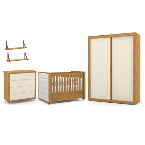 Dormitório Tutto New 2 Portas, Cômoda 4 Gavetas e Berço Freijó/off White com Capitonê e
