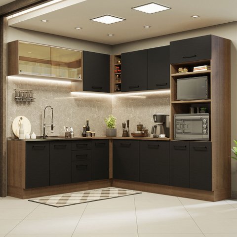 Cozinha Completa de Canto Madesa Agata 459001 com Armário e Balcão (Sem Tampo e Pia) Rustic/Preto Co