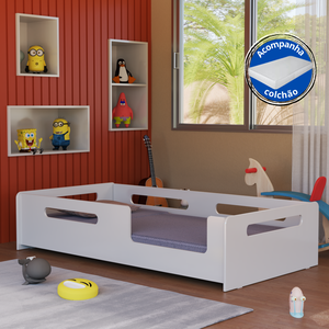 Cama Infantil Montessoriana Solteiro Espaçosa para Crianças com Proteção Lateral e Colchão