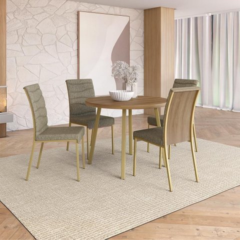 Conjunto Sala de Jantar Amora 4 Lugares Tampo MDP Estrutura Aço Dourado 99cm Móveis Carraro
