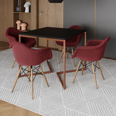 Conjunto de Mesa Industrial Base Cobre Tampo Quadrado 90cm Preto 4 Poltronas Estofadas Vermelho