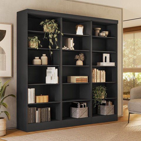 Estante de Livros 184,5CMX183CM Kit 3 Estantes 5 Prateleiras Preta