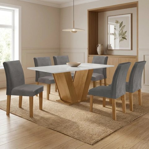 Mesa de Jantar com 6 Cadeiras MDF Espanha Casuá Cinamomo Off White Grafite