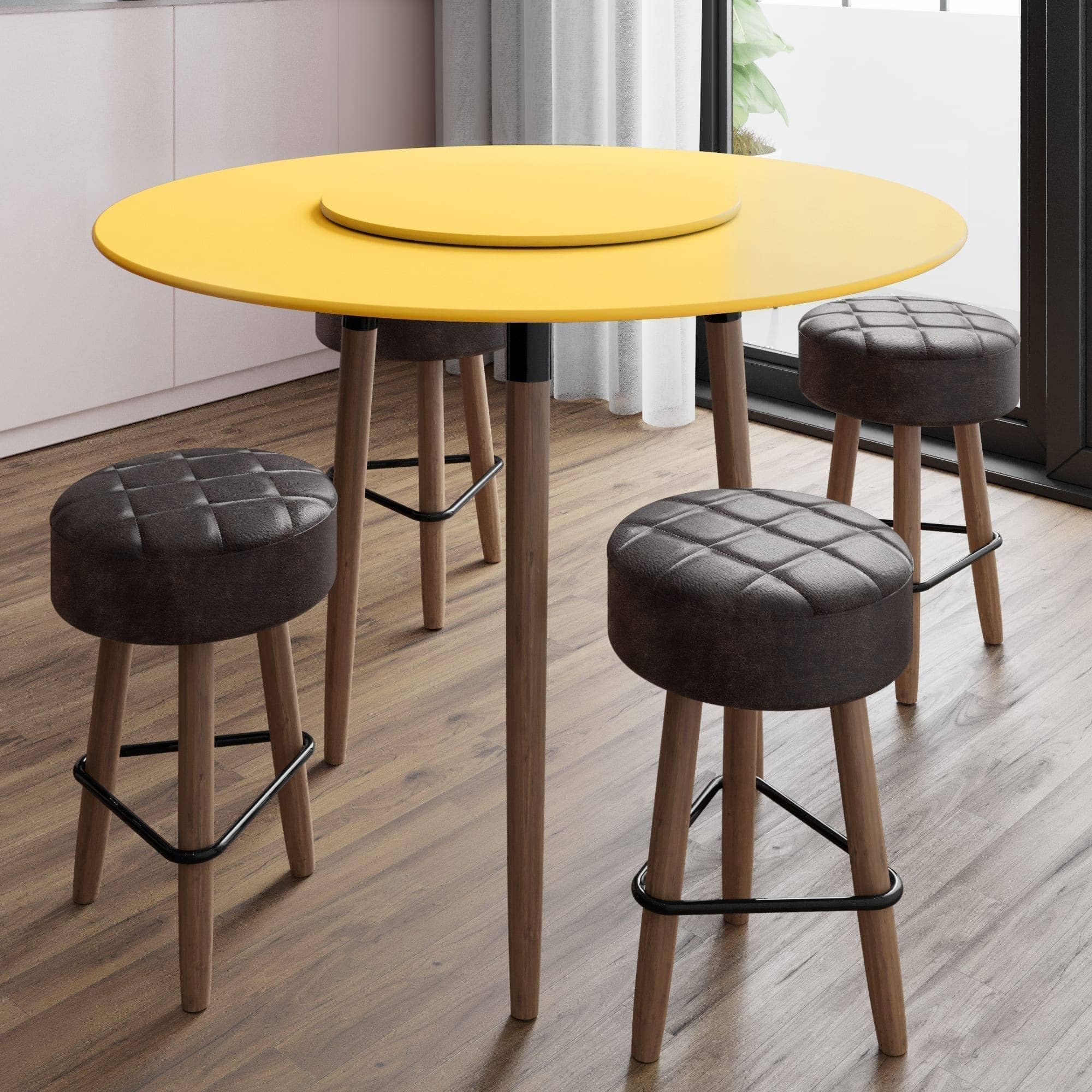 Conjunto com Mesa de Jantar 120cm e 4 Banquetas Marrons Redondas - Cor Aspen Gold - 1