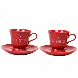 Jogo C/ 2 Xícaras de Chá 230ml C/ Pires em Porcelana Vermelha, Coleção Exclusiva Ps I Love You - 1