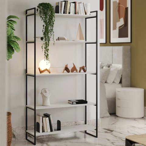 Estante Alta Guaecá 180x95 Industrial para Livros e Decor em Sala ou Escritório - Preto/branco