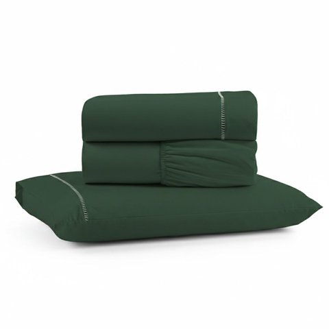 Jogo de Lençol Solteiro Premium Soft 600 Fios Micropercal Verde Escuro Ponto Palito Toque Macio 3 Pe