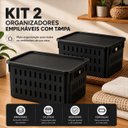 Ver imagem 2 de Kit 2 Organizador Empilhavel com Tampa 7,4L Preto Caixa Vazada com Alca Cesto Multiuso Guarda Roupa