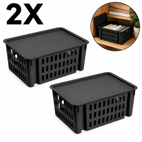 Kit 2 Organizador Empilhavel com Tampa 7,4L Preto Caixa Vazada com Alca Cesto Multiuso Guarda Roupa