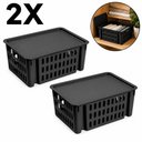 Ver imagem 1 de Kit 2 Organizador Empilhavel com Tampa 7,4L Preto Caixa Vazada com Alca Cesto Multiuso Guarda Roupa