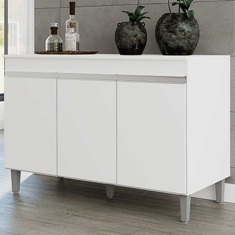 Balcão Gabinete 120cm 3 Portas com Tampo Manu Branco - AJL Móveis