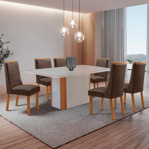 Mesa de Jantar Isadora 180cm Tampo MDF Vidro Canto Copo com 6 Cadeiras Carolina