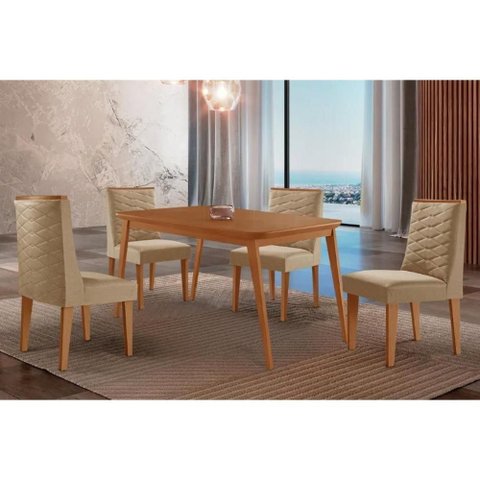 Conjunto: Mesa Sala Jantar Havana Tampo Curvo 120cm+4 Cadeiras Dafne Madeira Naturale - Capuccino/