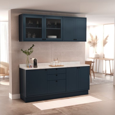 Cozinha Compacta Modulada 6 Portas 3 Gavetas 100% MDF sem Tampo Sevilha Azul/Órion