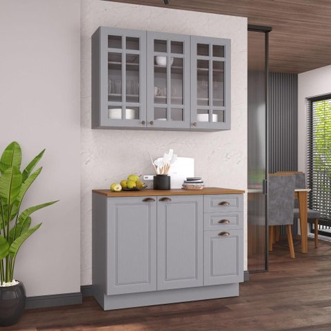 Cozinha 2 Peças Balcão com Tampo + Rodapé e Armário 3 Portas de Vidro Titânio Fosco Amoudi