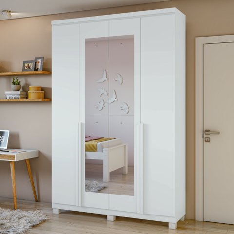 Guarda Roupa Solteiro 4 Portas 2 Gavetas com Espelho e Pés MDF Alonzo 153.5cm Branco