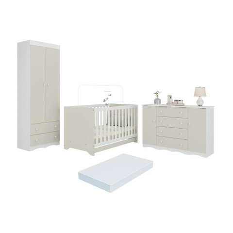Quarto de Bebê Completo Berço Americano 3 em 1 Colchão Realeza Multimóveis Mp4611 Branco/off